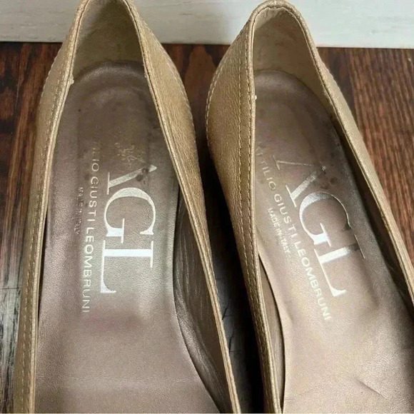 AGL  ATTILIO GUISTI LEOMBRUNI Tan Shimmer Open Toe Leather Ballet Flats 37.5/7.5 - Picture 3 of 16